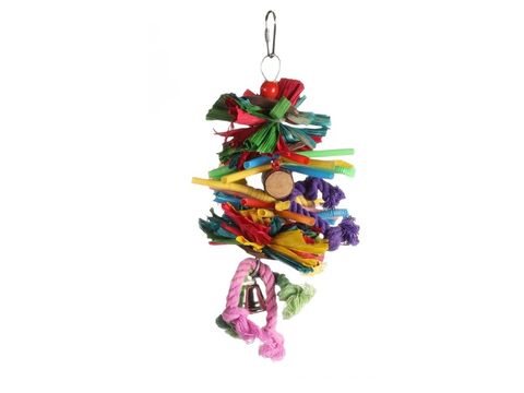 Flamingo hračka pro papoušky závěs dřevo,bavlna,plast,papír se zvonkem 10 x 10 x 29 cm 