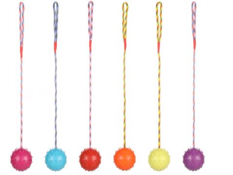 Flamingo hračka pro psa míč průměr 8 cm na šňůře 58 cm s rolničkou guma fialová