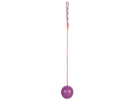 Flamingo hračka pro psa míč průměr 8 cm na šňůře 58 cm s rolničkou guma fialová