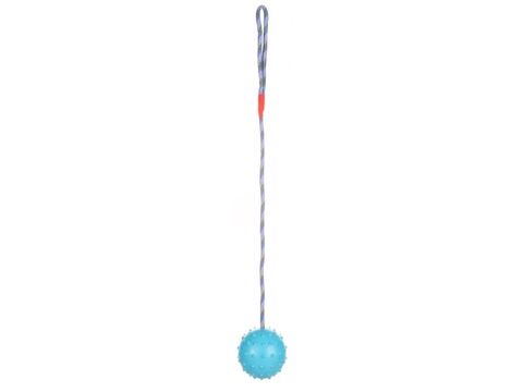Flamingo hračka pro psa míč průměr 8 cm na šňůře 58 cm s rolničkou guma modrá