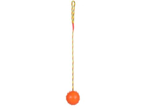 Flamingo hračka pro psa míč průměr 8 cm na šňůře 58 cm s rolničkou guma oranžová