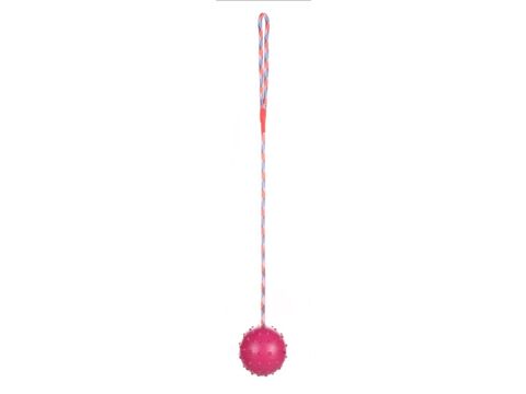 Flamingo hračka pro psa míč průměr 8 cm na šňůře 58 cm s rolničkou guma růžová