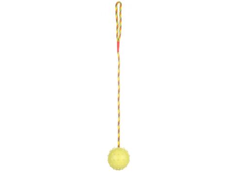 Flamingo hračka pro psa míč průměr 8 cm na šňůře 58 cm s rolničkou guma žlutá