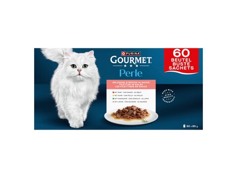 Gourmet kapsa Perle 60 x 85 g hovězí,kuře,králík.losos v omáčce 