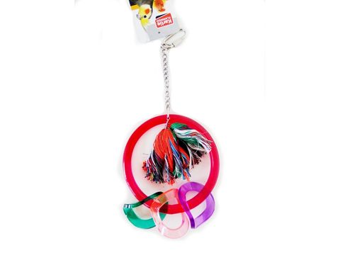 Flamingo hračka akrylová houpačka s kruhy a uzlem 13.5x6x17cm pro střední papoušky červená