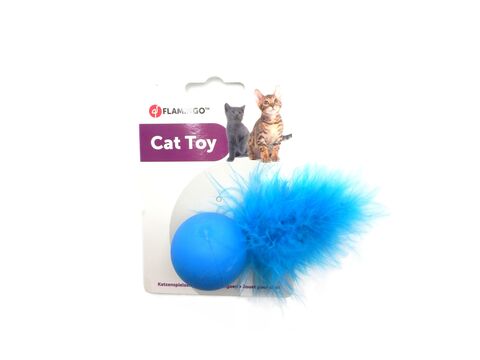 Flamingo hračka pro kočku tvrdý míček průměr 4 cm s peřím modrá