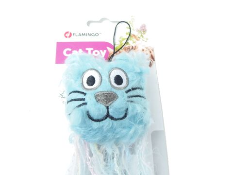Flamingo hračka pro kočku hlava kočky s třásněmi a s catnipem 21 cm modrá