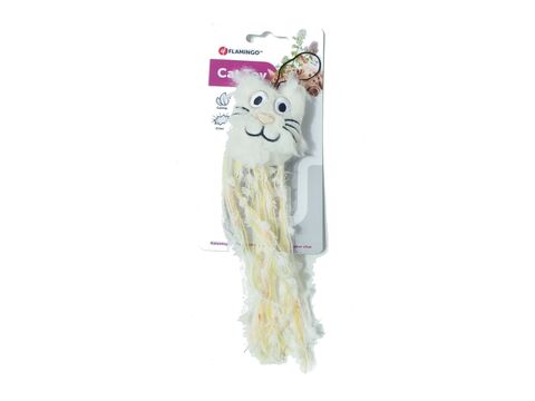 Flamingo hračka pro kočku hlava kočky s třásněmi a s catnipem 21 cm bílá