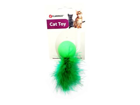 Flamingo hračka pro kočku tvrdý míček průměr 4 cm s peřím zelená