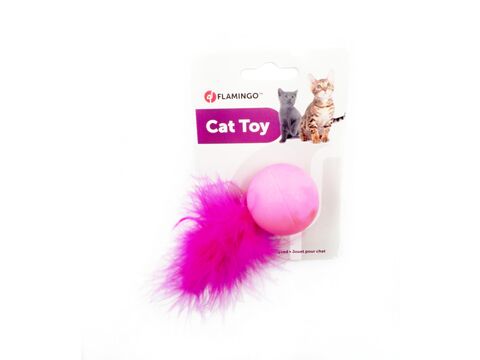 Flamingo hračka pro kočku tvrdý míček průměr 4 cm s peřím růžová