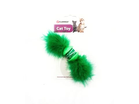 Flamingo hračka pro kočku váleček s peřím 17 cm zelená