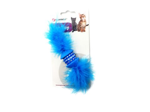 Flamingo hračka pro kočku váleček s peřím 17 cm modrá