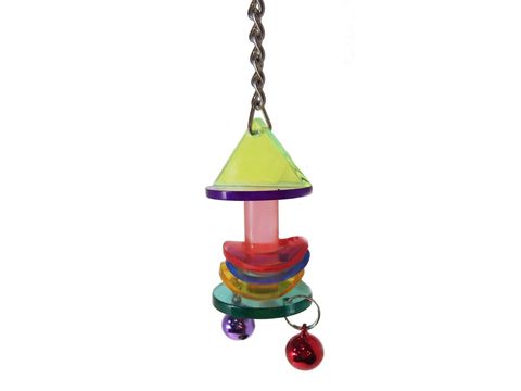 Flamingo hračka akrylová, domeček  a 2 rolničky s kolečky 3 x 3 x 14 cm pro malé papoušky