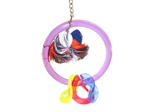 Flamingo hračka akrylová houpačka s kruhy a uzlem 13.5x6x17cm pro střední papoušky fialová