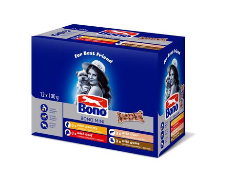Bono Mini kapsičky pro psy 12 x 100 g kuře, hovězí, játra, zvěřina v omáčce 