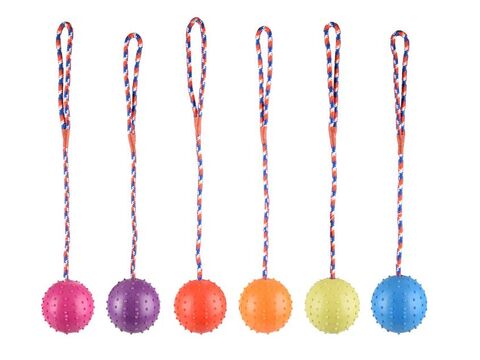Flamingo hračka pro psa míč s rolničkou  průměr 7 cm na šňůře 30 cm guma fialová