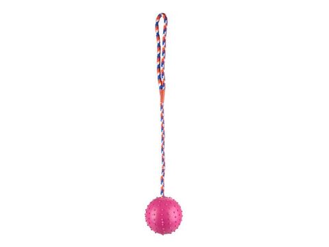 Flamingo hračka pro psa míč s rolničkou  průměr 7 cm na šňůře 30 cm guma růžová