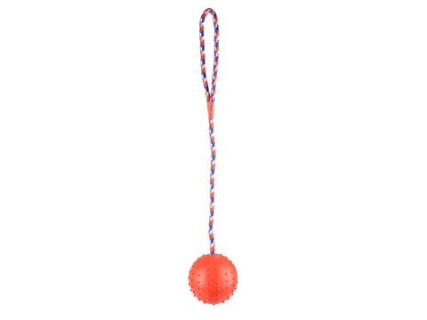Flamingo hračka pro psa míč s rolničkou  průměr 7 cm na šňůře 30 cm guma červená