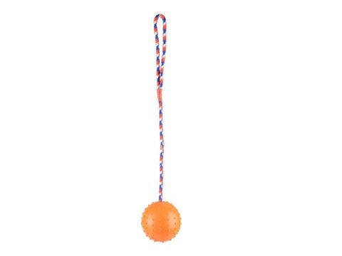 Flamingo hračka pro psa míč s rolničkou  průměr 7 cm na šňůře 30 cm guma oranžová