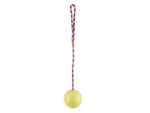 Flamingo hračka pro psa míč s rolničkou  průměr 7 cm na šňůře 30 cm guma žlutá