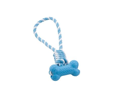 Nayeco hračka pro psa přetahovadlo smyčka s kostí a bavlnou 30 cm tvrdá guma modrá