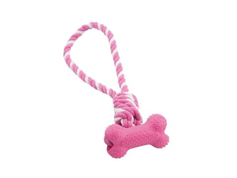 Nayeco hračka pro psa přetahovadlo smyčka s kostí a bavlnou 30 cm tvrdá guma růžová  
