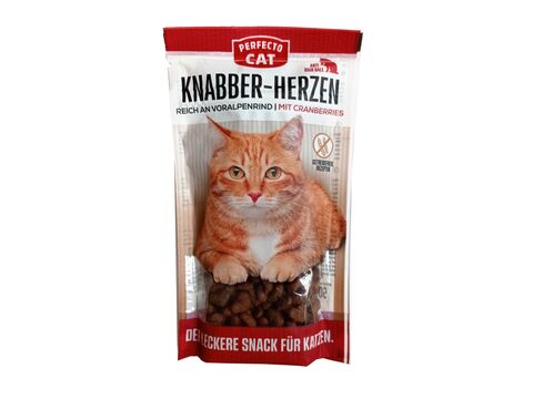 Perfecto Cat Knabber - Herzen anti hairball 50 g Alpské hovězí s brusinkou