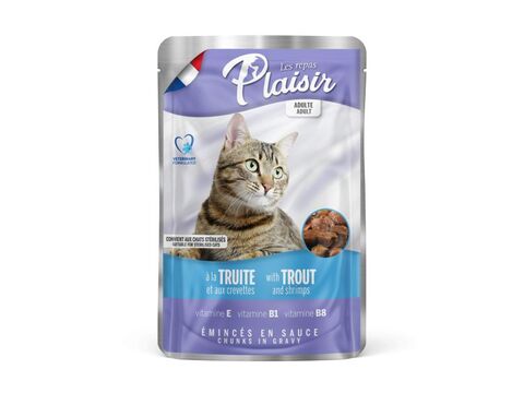 PLAISIR kapsička 100 g pro dospělé i sterilizované kočky pstruh a krevety v omáčce  