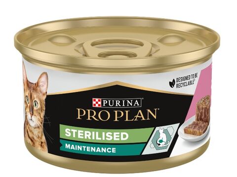 PRO PLAN CAT STERILISED tuňák a losos v paštice 85 g konzerva  