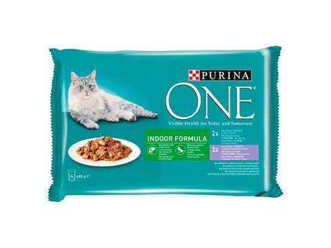 Purina ONE Indoor 4 x 85 g kapsa tele s mrkví a tuňák se zel. fazol. ve  šťávě  