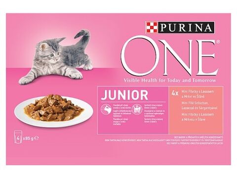 Purina ONE Junior 4 x 85 g kapsa mini filetky losos s mrkví ve šťávě