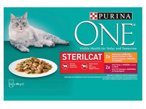 Purina ONE Sterilcat 4 x 85 g kuřetem a fazolkami, s hovězím a mrkví ve šťávě  