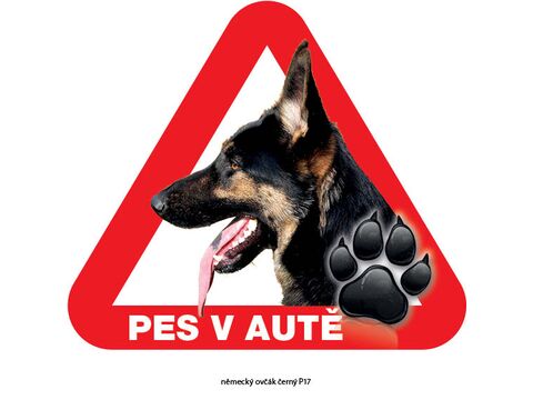 Grel nálepka na plech pozor pes v autě německý ovčák černý
