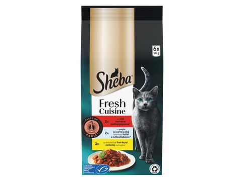 Sheba Fresh & Fine kapsa Taste Paris ve šťávě, 6 x 50 g hovězí, bílá ryba, kuřecí játra
