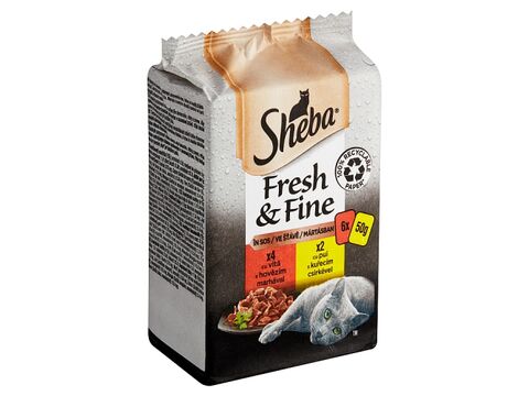 Sheba Fresh & Fine kapsa s hovězím a s kuřecím ve šťávě, 6 x 50 g  