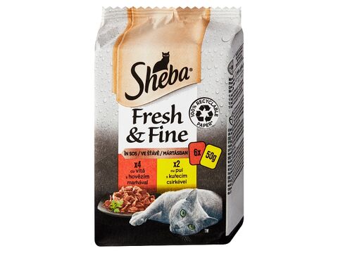 Sheba Fresh & Fine kapsa s hovězím a s kuřecím ve šťávě, 6 x 50 g  