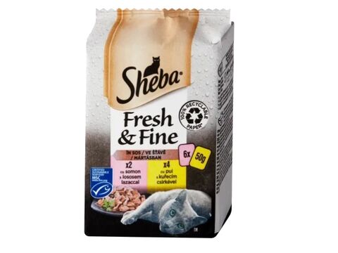 Sheba Fresh & Fine kapsa s kuřecím a s lososem ve šťávě, 6 x 50 g