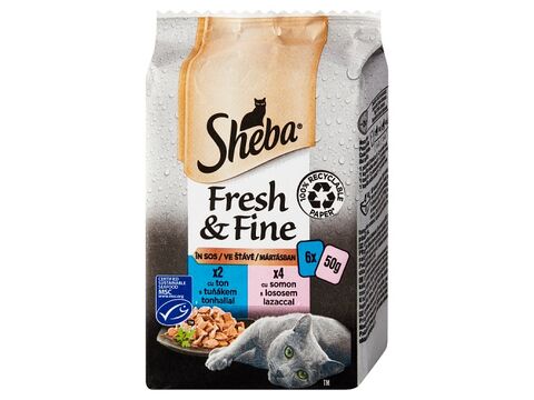 Sheba Fresh & Fine kapsa s lososem a s tuňákem ve šťávě, 6 x 50 g 