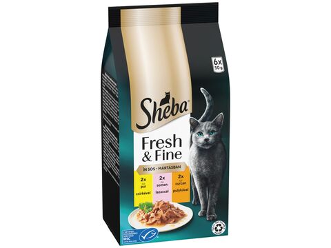 Sheba Fresh & Fine kapsa s kuřecím, krůtím a s lososem ve šťávě, 6 x 50 g