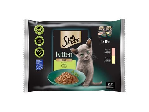 Sheba Kitten ve šťávě smíšený výběr - kuře a losos, 4 x 85 g

