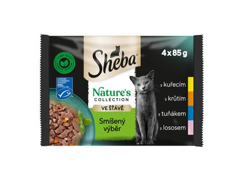 Sheba Nature Mixovaný výběr 4 x 85 g kapsa kuře, krůta, tuňák, losos ve šťávě 
