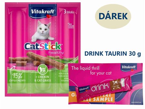 Vitakraft Cat Stick kuřecí & kočičí tráva, 3 x 6 g+dárek Vitakraft cat drink taurine+Flavo