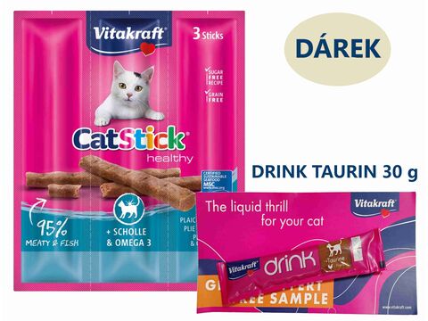 Vitakraft Cat Stick platýs a Omega 3, 3 x 6 g +dárek Vitakraft cat drink taurine+Flavour 