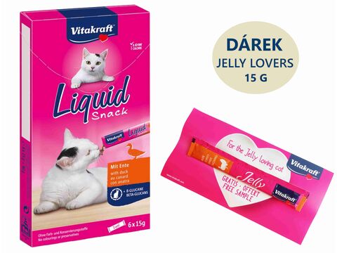 Vitakraft Liquid Snack kachna +betaglukn 6 x 15 g+ dárek Vitakraft cat Jelly Lovers kuře k