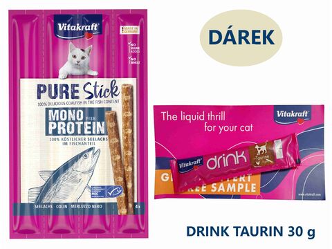 Vitakraft Pure Stick cat 4 x 5 g treska+ dárek Vitakraft cat drink taurine+Flavour 