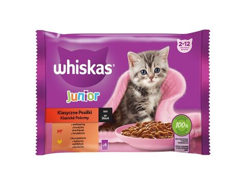 Whiskas klasické pokrmy Junior ve šťávě 4 x 85 g, kapsa, kuřecí, hovězí