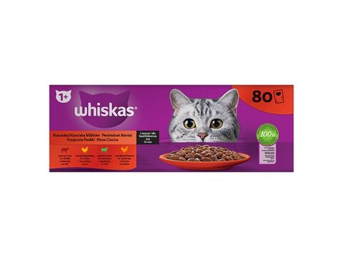 Whiskas Klasické pokrmy ve šťávě 80 x 85 g kapsa kuře,hovězí,jehně,drůbež + Whiskas klíčen