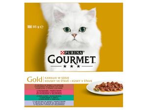 Gourmet gold gril 8 x 85 g,ve šťávě kachna s oliv.,pstruh a zel.,král.,a mrkev,tel.a zel.