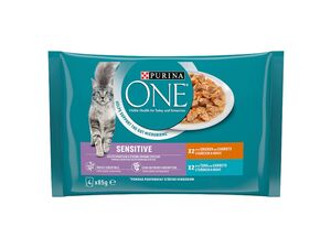 Purina ONE Sensitive cat 4 x 85 g kapsa kuře s mrkví , tuňák s mrkví, ve šťávě