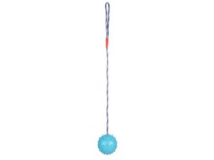Flamingo hračka pro psa míč průměr 8 cm na šňůře 58 cm s rolničkou guma modrá